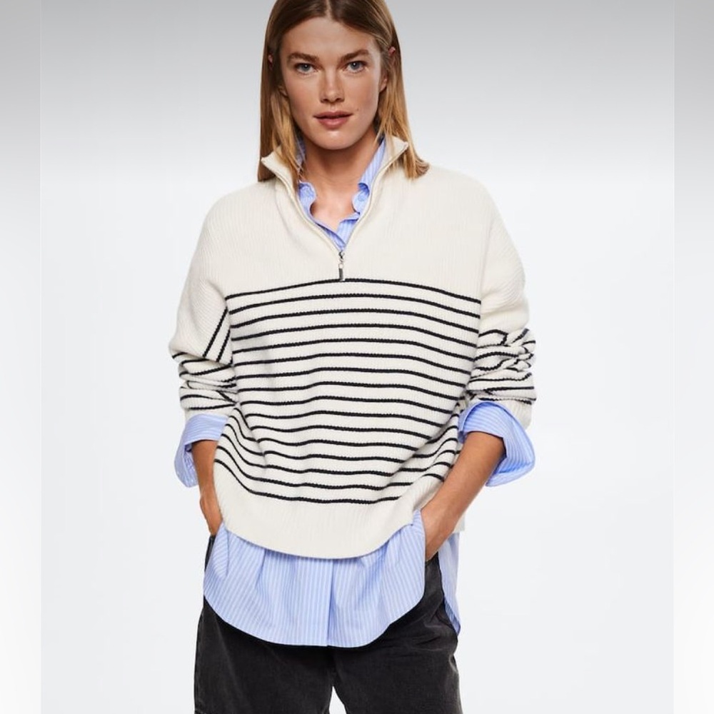 MANGO striped sweater with quarter zip